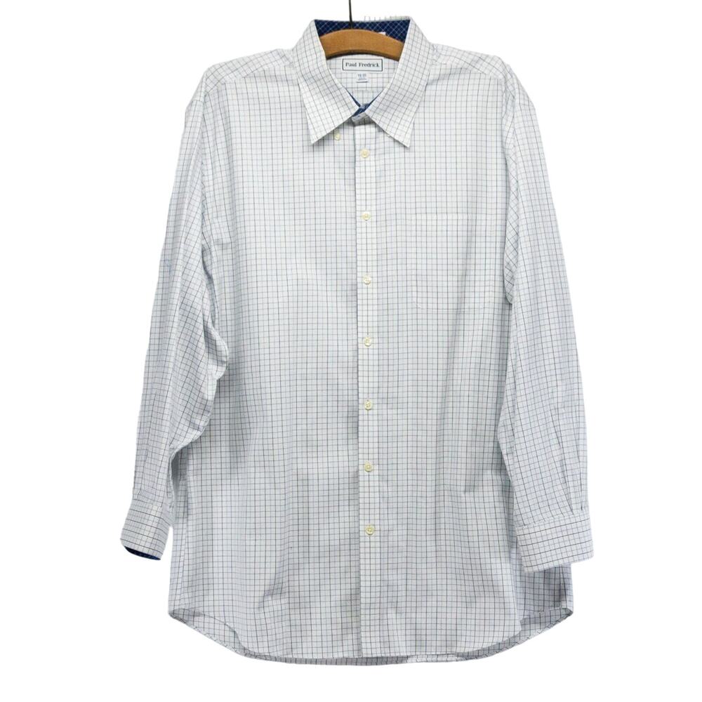 PAUL FREDRICK Classic Mens Dress Shirt 18 35 Slim Fit Checked Blue White Cotton